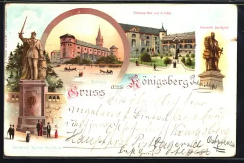 Lithographie Königsberg, Albrecht Denkmal, Pregel mit Schlosshof und Kirche