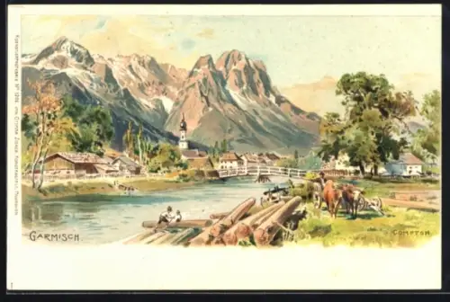 Künstler-AK Edward Theodore Compton: Garmisch, Partie an der Loisach