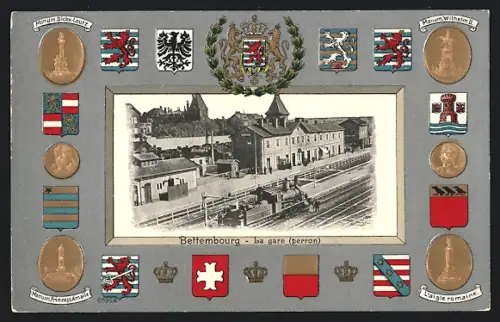 AK Bettembourg, La gare Gleisseite, Wappen und Monumente