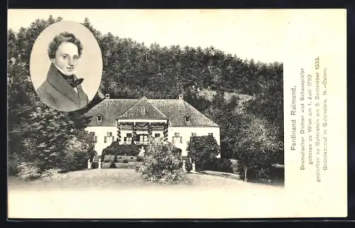 AK Gutenstein, Portrait Ferdinand Raimund, Dramatischer Dichter und Schauspieler, 1790-1836, Wohnhaus