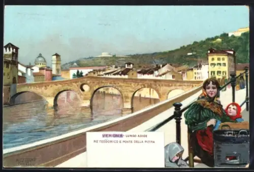 Künstler-AK sign. Raffaelo Tafuri: Verona, Lungo Adige, Reteodorico e ponte della Pietra