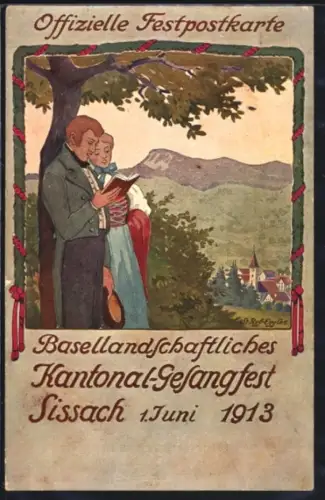 AK Sissach, Basellandschaftliches Kantonal-Gesangsfest 1913, Singendes Paar vor dem Ort, Festpostkarte