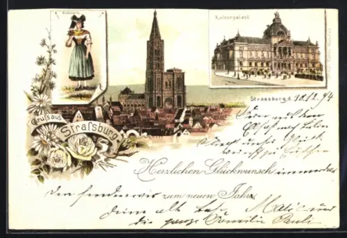 Lithographie Strassburg, Teilansicht mit Kirche, Kaiserpalast, Elsässerin, Neujahrsgruss
