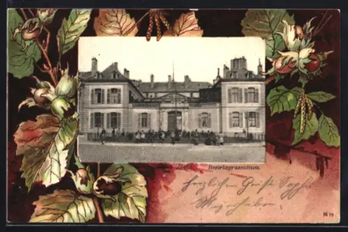 Passepartout-Lithographie Metz, Bezirkspräsidium, Ansicht auf Haselzweigen