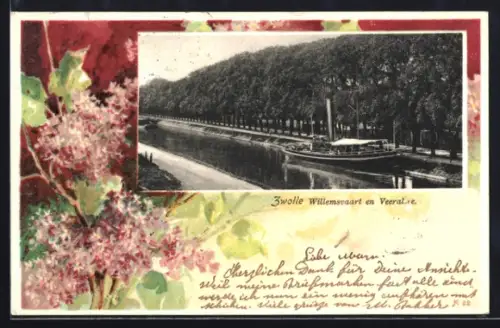 AK Zwolle, Willemsvaart en Veerallee, Kanalpartie mit Boot, mit Fliederzweigen