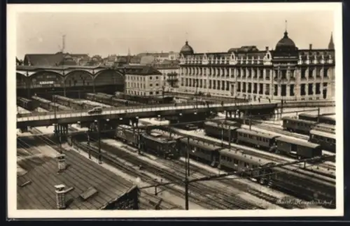 AK Basel, Hauptbahnhof mit Waggons und Zügen