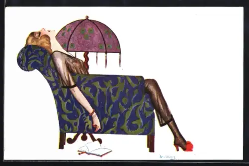 Künstler-AK sign. R. Baldrich: Geschaffte Dame während des Lesens im Sessel eingeschlafen