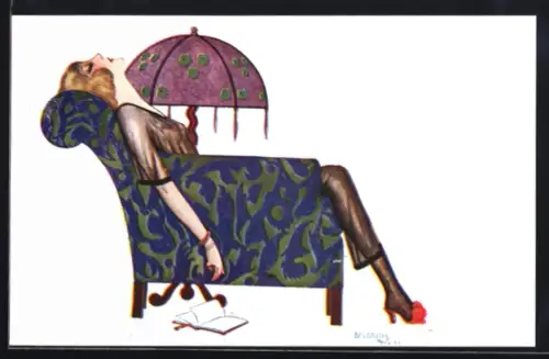 Künstler-AK sign. R. Baldrich: Geschaffte Dame während des Lesens im Sessel eingeschlafen