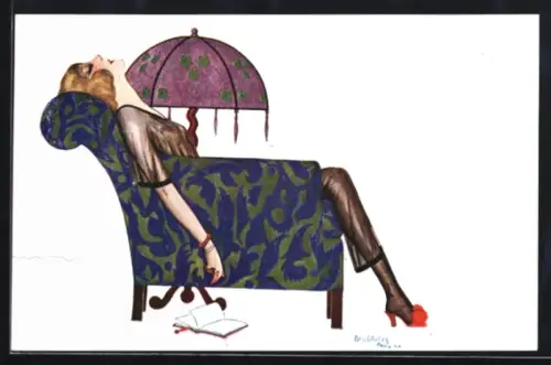 Künstler-AK sign. R. Baldrich: Geschaffte Dame während des Lesens im Sessel eingeschlafen