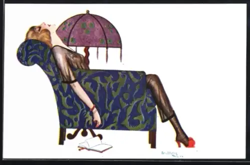 Künstler-AK sign. R. Baldrich: Geschaffte Dame während des Lesens im Sessel eingeschlafen