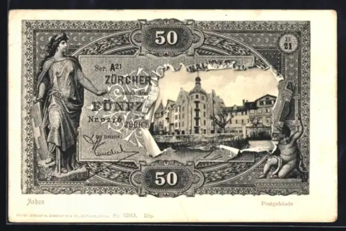 AK Arbon, Postgebäude durch zerrissenen Geldschein