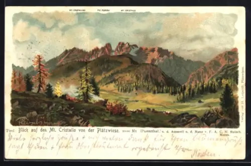 Künstler-Lithographie F.A.C.M. Reisch: Mt. Christallo, Blick von der Plätzwiese zum Berg