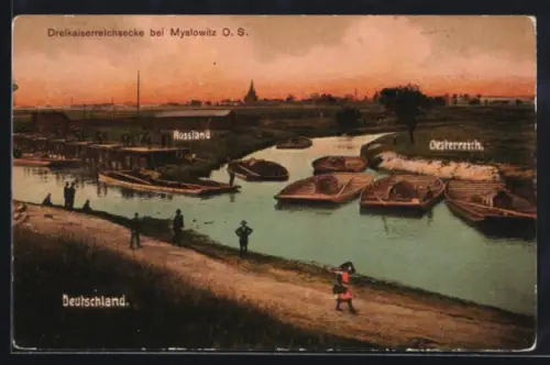 AK Myslowitz, Dreikaiserreichsecke, Grenze zwischen Oesterreich, Deutschland und Russland, Flösse im Abendlicht