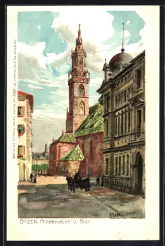 Künstler-AK Zeno Diemer: Bozen, Pfarrkirche und Post, Strassenpartie