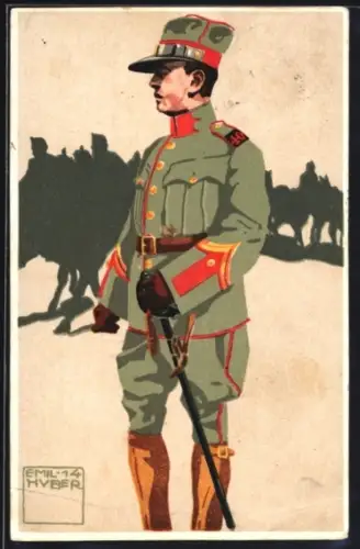 Künstler-AK sign. Emil Huber: 10. schweizer Feldartillerie, Offiziers-Aspirant, Wachtmeister