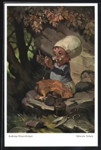 Künstler-AK Andreas Untersberger: Schwere Arbeit, der Zwerg hockt unterm Strauch mit Nadel und Faden, Schneider