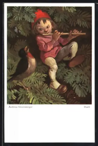 Künstler-AK sign. Andreas Untersberger: Duett, Wichtel und Rotkehlchen