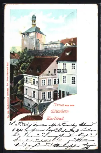 AK Karlsbad, Weinhaus Blümlein inmitten der Stadt