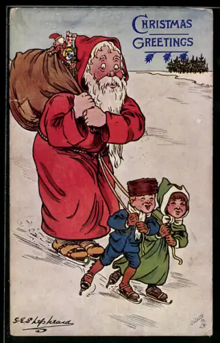 Künstler-AK George Edward Shepheard: Weihnachtsmann wird von Kindern auf Schlittschuhen gezogen