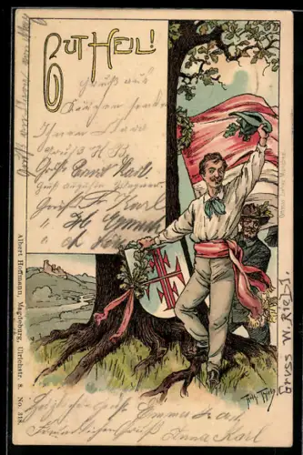 Künstler-AK Arthur Thiele: Turner mit Wappen und Flagge, Gut Heil