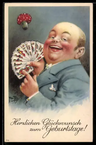 Künstler-AK Arthur Thiele: Lachender Mann mit einem guten Blatt Karten, Fliegenpilz