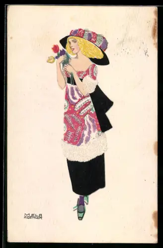 Künstler-AK Mela Köhler: Elegante Dame mit Tulpen