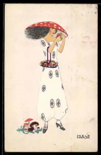 Künstler-AK Mela Köhler: Elegante Dame mit Fliegenpilzkappe