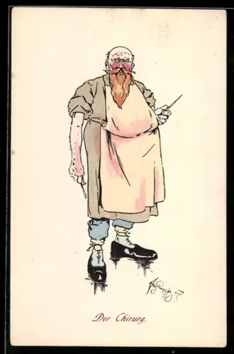 Künstler-AK Fritz Schönpflug: Chirurg mit Schürze und Skalpell