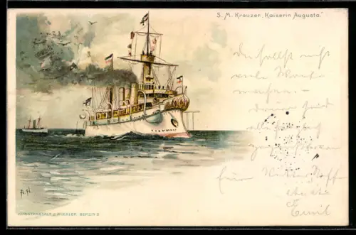 Künstler-Lithographie A. Heide: Kreuzer Kaiserin Augusta, Ostasiengeschwader