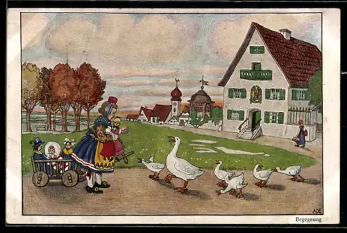 Künstler-AK Mathilde Ade: Mädchen begegnet einer Gruppe Gänse