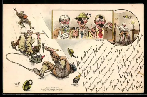 Künstler-Lithographie Ernst Platz: Bergsteiger purzeln Abhang herunter u. holen sich üble Blessuren