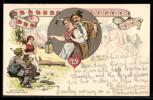 Künstler-AK Ernst Platz: Paar in Berglandschaft, Herzen und Edelweiss