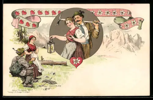Künstler-AK Ernst Platz: Paar in den Alpen, Edelweiss und Herzen