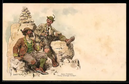 Künstler-AK Ernst Platz: Bergsteiger trinken Wein und rauchen Pfeife