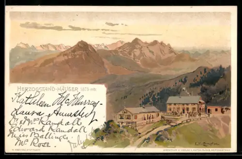 Künstler-AK Edward Harrison Compton: Herzogstand-Häuser, Berghütten und Blick auf Alpen-Panorama
