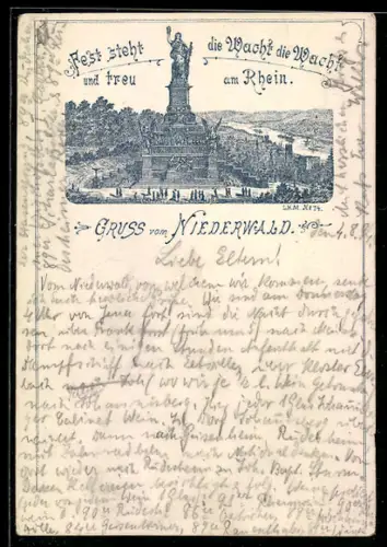 Vorläufer-Lithographie Niederwald /Rhein, 1894, Niederwald-Denkmal, Die Wacht am Rhein