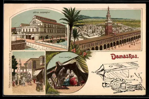 Lithographie Damaskus, Hotel Besraoui, Arabisches Zelt