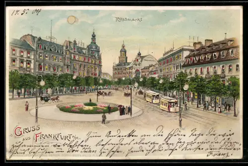 Lithographie Frankfurt /Main, Rossmarkt mit Strassenbahnen, leuchtender Mond und Fenster bei Halt gegen das Licht