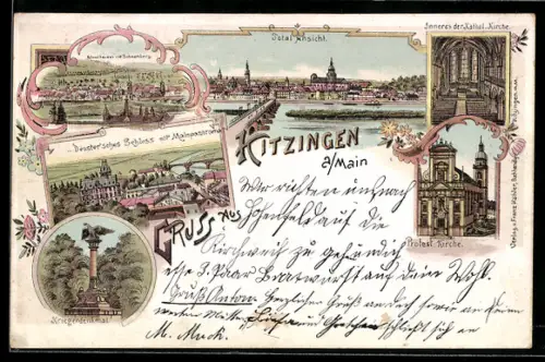 Lithographie Kitzingen a. Main, Totalansicht, Inneres der kath. Kirche, Deuster`sches Schloss und Kriegerdenkmal