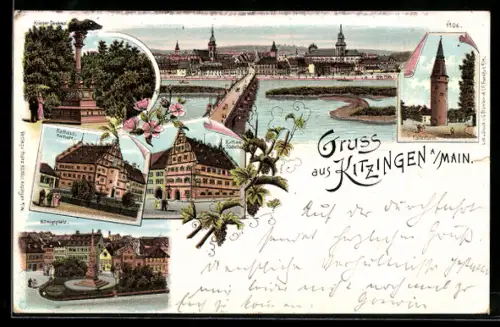 Lithographie Kitzingen / Main, Rathaus, Königsplatz, Kriegerdenkmal, Falterturm