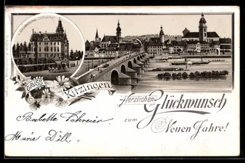 Lithographie Kitzingen, Totalansicht mit Kirche und Deuster`sches Schlösschen