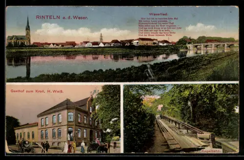AK Rinteln a. d. Weser, Totalansicht, Gasthof zum Kroll, Inh. H. Weiss und Strophe aus dem Weserlied