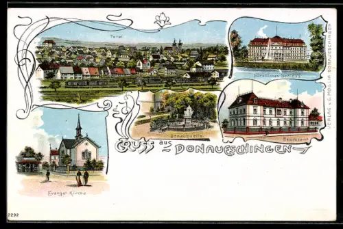 Lithographie Donaueschingen, Fürstliches Schloss, Bezirksamt, Donauquelle, Kirche