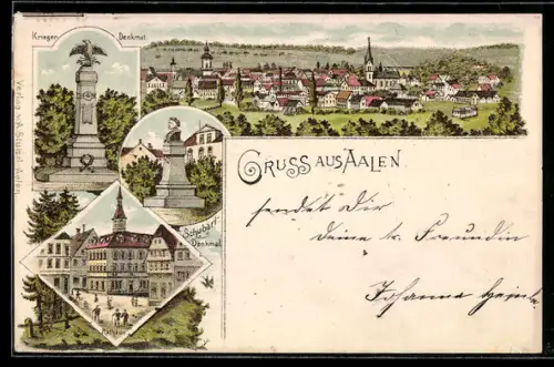 Lithographie Aalen, Rathaus, Kriegerdenkmal und Schubartdenkmal