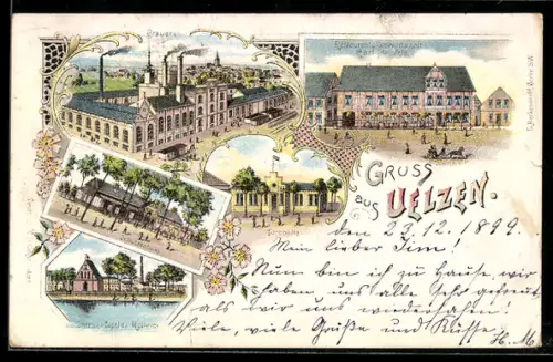 Lithographie Uelzen, Schützenhaus, Gertruden Capelle & Molkerei, Brauerei, Turnhalle