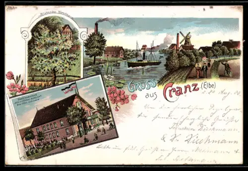 Lithographie Cranz /Elbe, Totalansicht, Blühender Kirschbaum und Gasthaus zur schönen Aussicht, Bes. Otto Schwarz