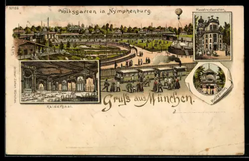 Lithographie München, Ballon, Volksgarten Nymphenburg, Kaisersaal, Hauptrestaurant, Musikpavillon, Bahn