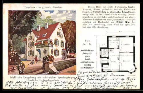 AK Gauting, Villenkolonie Gauting, Gundriss einer Villa Plan Nr. 14, Aussenansicht