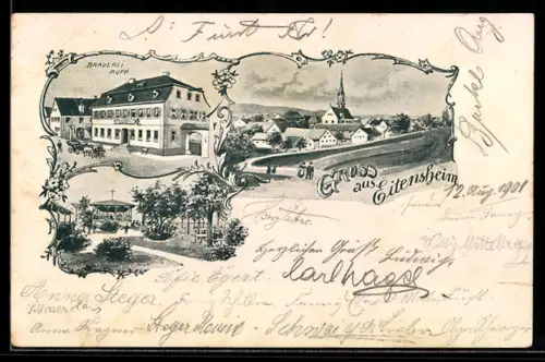 Lithographie Eitensheim, Teilansicht mit Kirche, Brauerei Rupp und Ortspartie mit Pavillon
