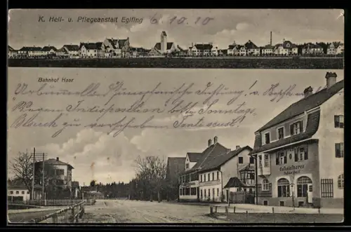 AK Eglfing, Totalansicht mit Pflegeanstalt und Partie am Bahnhof Haar mit Kolonialwarengeschäft Johann Greil